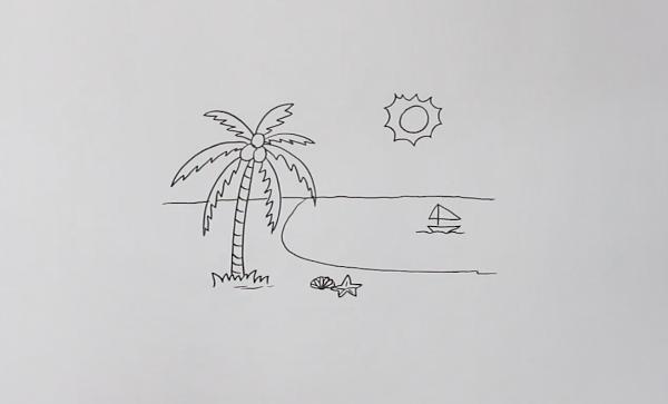2,接着在树干一半处画出海平线和太阳,在海里画一艘小帆船,然后再画出